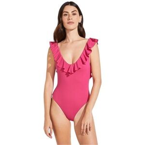 Revolve Eberjey Pique Loreta One-Piece Textured Ruffled Swimsuit Beetroot Pink M